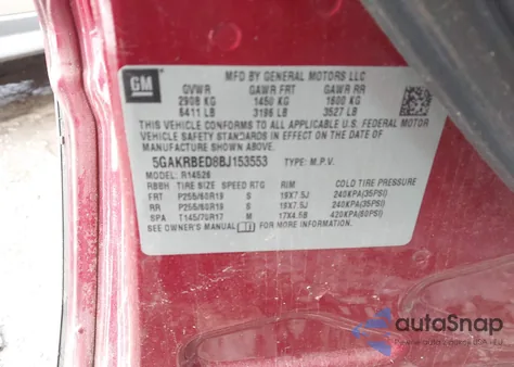 2011 Buick Enclave 1Xl из США, поврежденный, VIN 5GAKRBED8BJ153553